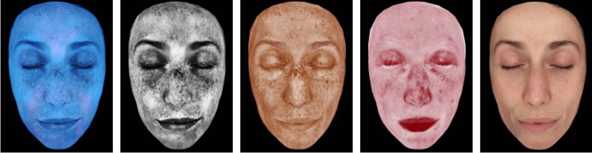Verschillende gezichtsscans worden weergegeven op een scherm voor huidscan.